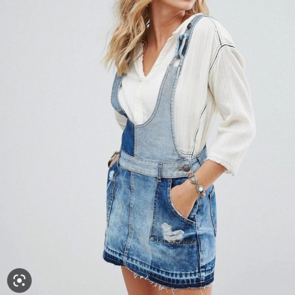Free People Light and Dark Blue Distressed Denim Mini Overall Skirt